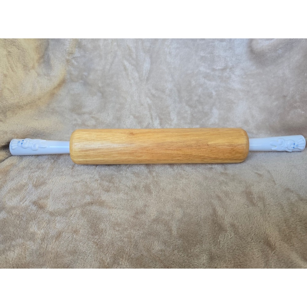 Vintage Pillsbury Doughboy Wooden Rolling Pin Poppin Fresh White Plastic Handles